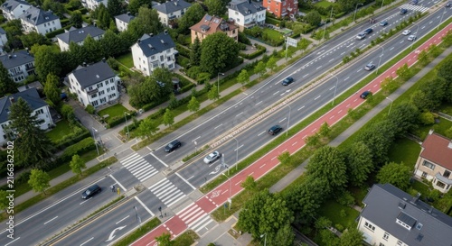 Aerial view of a bicycle highway crossing amidst urban residential streets with cars and pedestrian crosswalks
