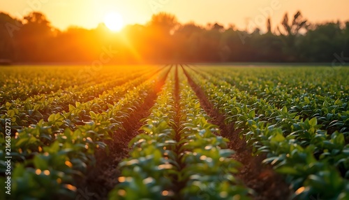 Rows of green plants growing in the field at sunset