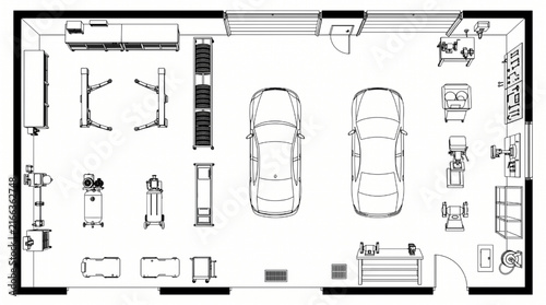 Car Service Station Layout and Mechanics Workshop Symbols. Minimalist 2D Top View Vehicle Lift, Tool Chest, and Workbench Set.