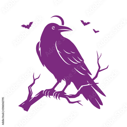 Mysterious raven bird on a bare tree branch with bats Halloween vector art