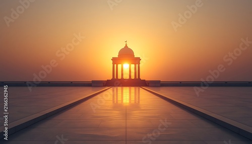 Classical domed pavilion structure at sunset on a stone plaza
