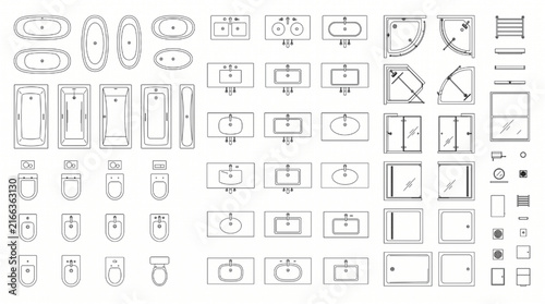 CAD Bathroom Plumbing Fixtures Plan Vector Pack. Modern Architectural Bathroom Furniture Blueprint Blocks Collection.