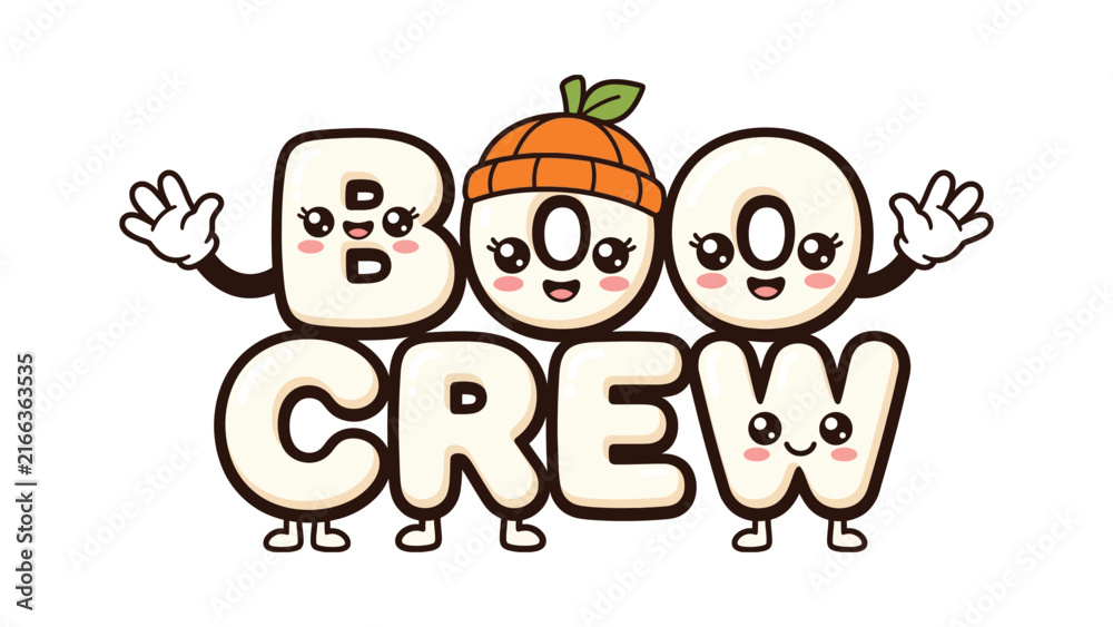 Fototapeta premium Playful Halloween typography design with “BOO CREW” letters illustrated as cartoon characters, featuring eyes, mouths, arms, and pumpkin hat detail for festive autumn celebration artwork
