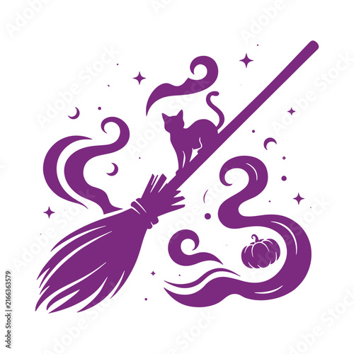 Halloween witch broomstick with cute cat, smoke, and magical elements vector