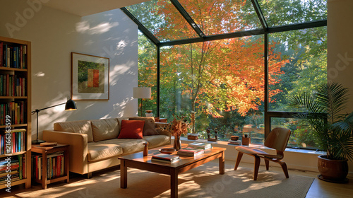 Sunlit modern living room with panoramic roof windows and autumn forest view
