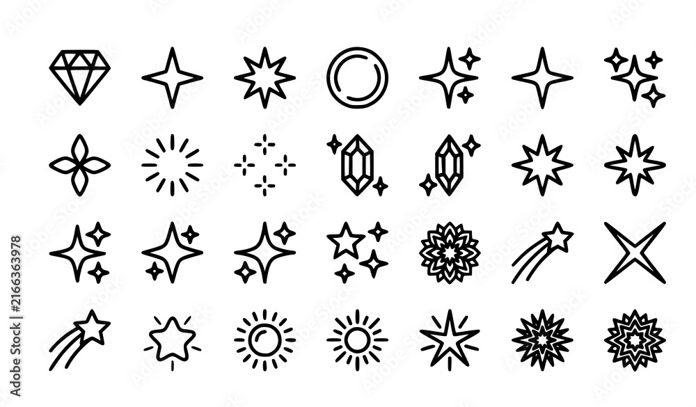 Fototapeta premium Glow shine glitter and sparkle outline line icon collection editable stroke vector set