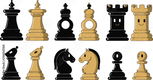 Bild auf Leinwand Chess Piece Set, Black and Gold Cute Cartoon Board Game Vector Icons Collection