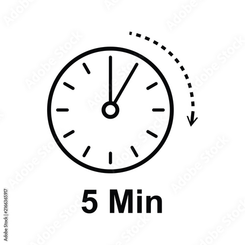 Five minute timer icon with clock face and duration arrow for time management and deadline