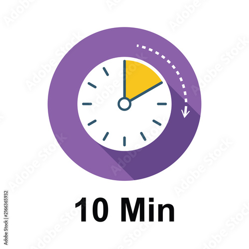 Ten minute timer icon with yellow segment on purple background for time management concepts