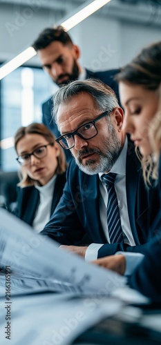 Insurance professionals reviewing cyber incident claim documents. Business team analyzing data and discussing strategy in a modern office meeting