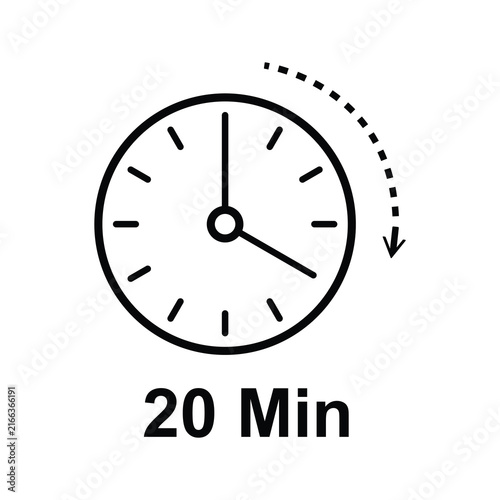 Twenty minute timer icon with clock face and duration arrow symbol