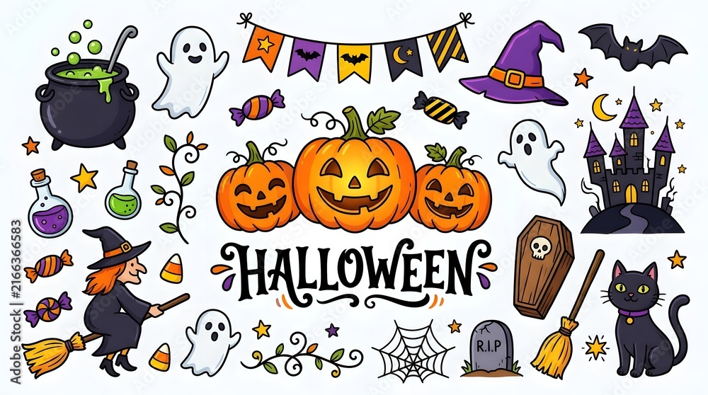 Fototapeta premium A spooky and delightful halloween collection ghosts pumpkins witches and black cats galore