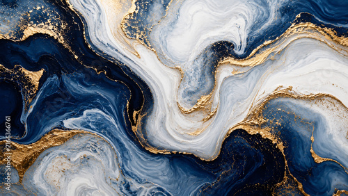 An elegant abstract background featuring swirling patterns of deep navy blue and white paint intermingled with shimmering gold leaf accents that create a luxurious marble texture.