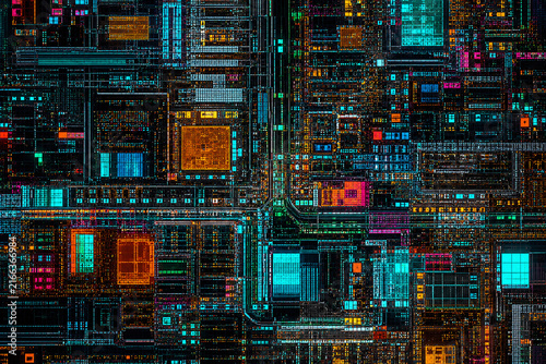 A vibrant, abstract close-up of a complex semiconductor processor die showcasing intricate circuitry patterns glowing in neon teal, gold, and magenta hues.