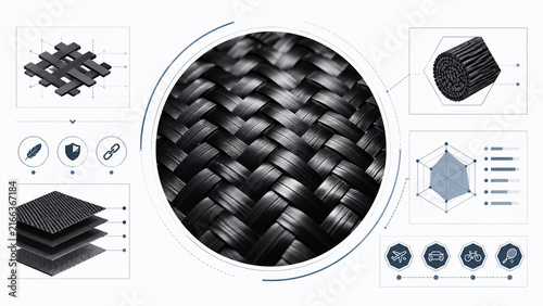 carbon fiber technology featuring a central close-up of its woven texture alongside diagrams detailing structural layers, material properties, and applications in transportation and sports equipment