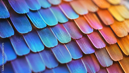 Close-up view of multicolored bird feathers displaying a vibrant rainbow gradient texture.