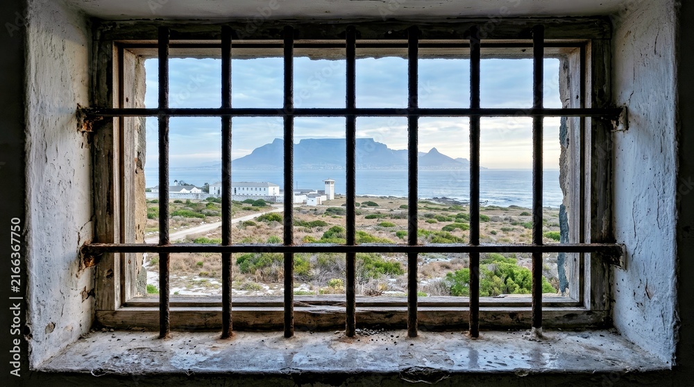 Fototapeta premium View From a Barred Window Overlooking the Ocean and a Mountain