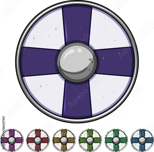 round viking shield cartoon. iron historical, replica medieval, armor protection round viking shield sign colorful illustration