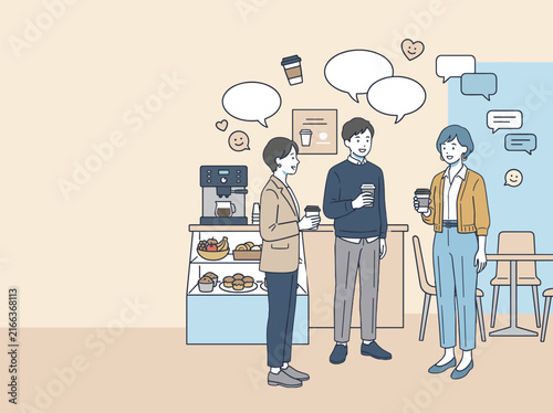 オフィスでブレイクタイムに会話する3人のビジネスパーソンのイラスト