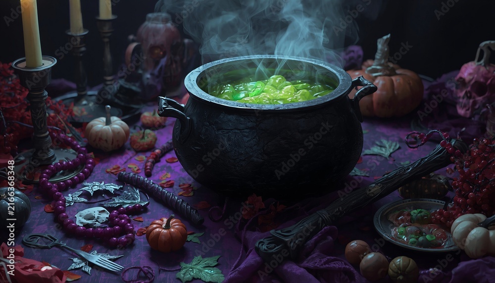 Naklejka premium Dark mystical scene with a black cauldron emitting green glowing mist, surrounded by candles, pumpkins, skulls and potion ingredients on a purple cloth, creating an eerie magical Halloween atmosphere