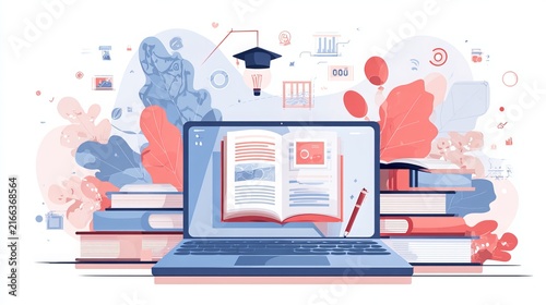 Online Education Website Interface on Computer Screen with Virtual Learning Application, Digital Courses, E Learning Platform, Online Classes, Study Resources and Educational Content
