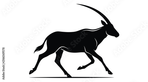фотографія Oryx antelope silhouette running gracefully with its distinctive long, slender horns, presented as a dynamic black vector illustration on a clean white background