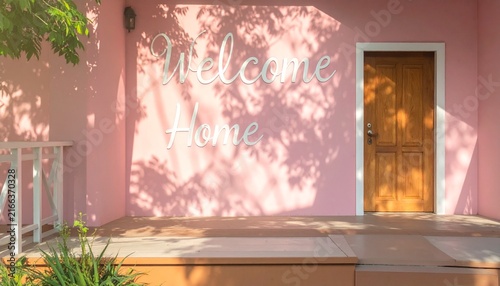 Welcome home sign typography on a pink exterior wall with wooden front door and tree leaf shadows house exterior tree shadow