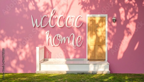 Pink house exterior with bright pink wall yellow wooden door white porch bench cursive welcome home text