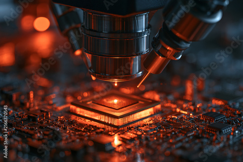 Advanced precision microchip manufacturing and semiconductor inspection under a high-tech microscopic lens in a cleanroom lab