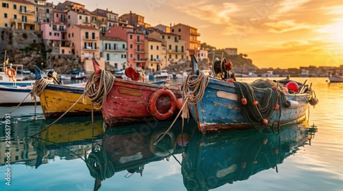 Traditional red, yellow, and blue fishing boats tied together in a harbor with pastel village houses at sunset.
