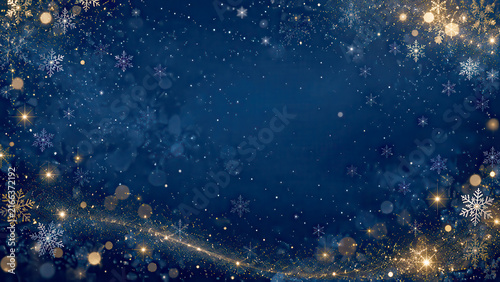 Elegant Christmas Background with Falling Snowflakes and Golden Sparkling Lights on Navy Blue