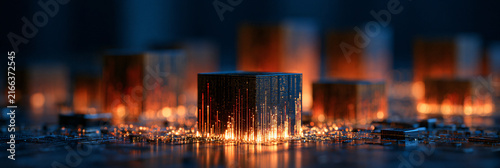 Abstract futuristic microchip with glowing orange energy flow representing quantum computing and digital data transfer