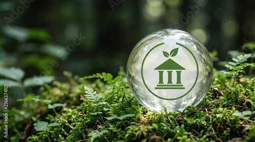 Green governance icon inside glass sphere on forest moss for ESG sustainability concept.
