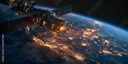 Futuristic satellite orbiting planet Earth with glowing city lights at night in deep space