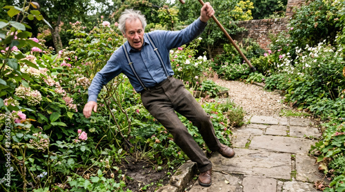 Elderly man falling on garden path while walking with cane. Senior losing balance and tripping outdoors. Elderly health risk, accident and injury prevention concept for aging safety