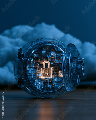 Glowing digital security concept with glass safe and padlock floating on cloud backdrop