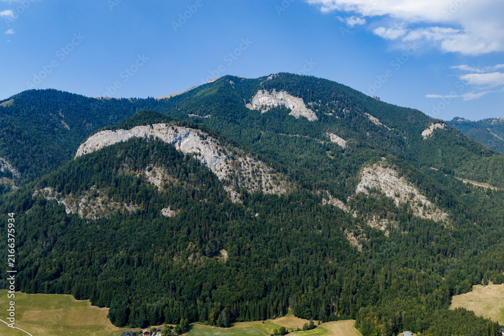 Obraz premium Landscape of alp mountain and forest lake. Nature landscape. Lake in scenic alp nature. Scenic nature alp hiking lake. Mountain green forest. Alpine peaks. Lake with mountain landscape