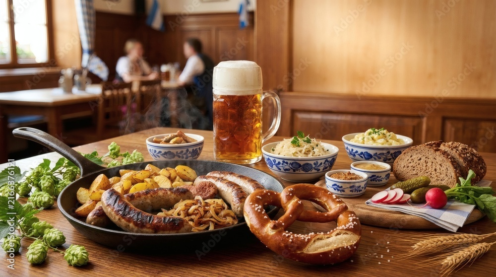 Fototapeta premium Traditional Bavarian Feast with Beer, Sausages, and Pretzels