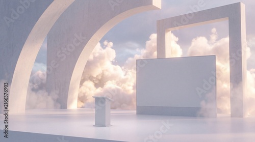 Minimalist stage design. White architecture frames clouds, creating serene presentation space. Soft lighting enhances dreamy atmosphere.