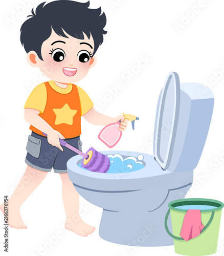 A cheerful cartoon boy cleaning a toilet bowl with a brush and spray bottle in the bathroom