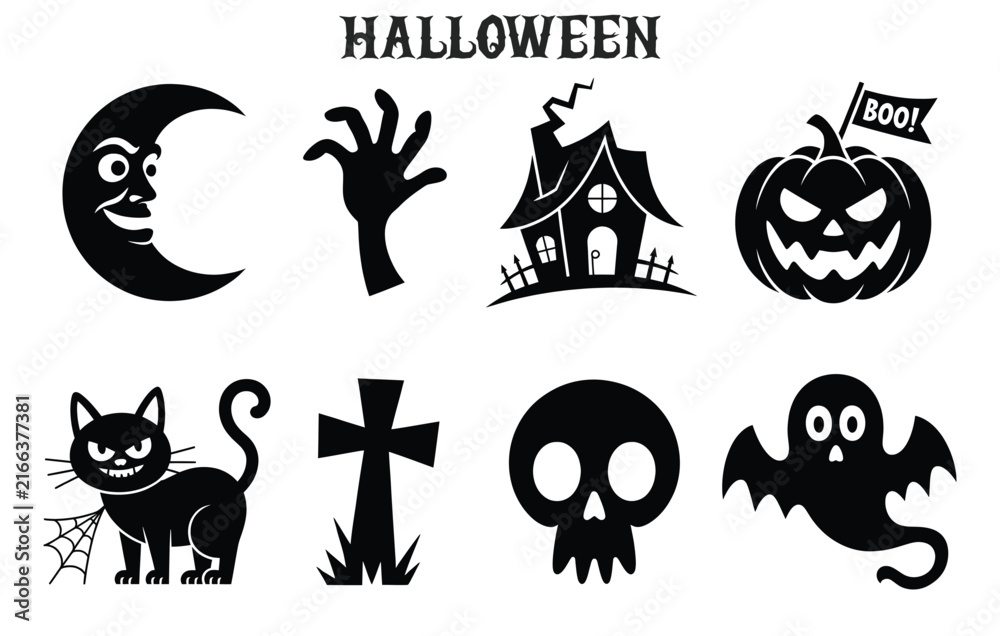 Fototapeta premium Halloween collection spooky symbols moon hand haunted house pumpkin cat cross.