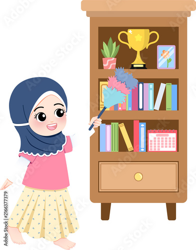 Canvastavla Cute Muslim girl cleaning a wooden bookcase with a feather duster