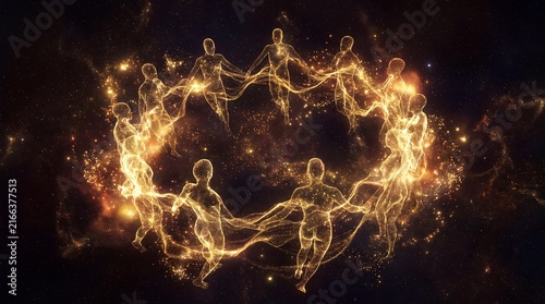 Golden figures composed of shimmering particles gather in dark space. Light sparkles around abstract human forms, creating sense of community, digital art. Composition suggests unity, glowing energy
