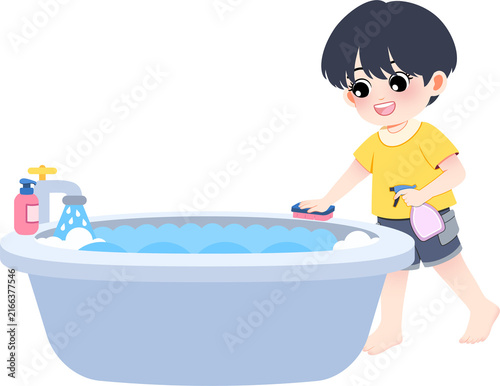 Energetic boy happily engaged in cleaning a large blue bathtub, using a sponge and spray bottle to demonstrate household chores and personal hygiene