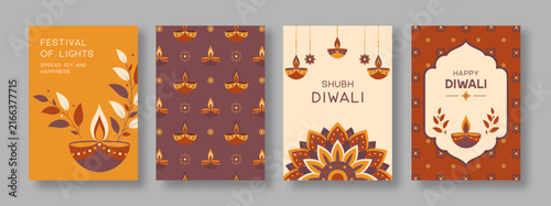 Vector set of Happy Diwali greeting banners with traditional oil diya lamps, leaves and mandalas. Festival of Lights invitation card template in warm flat style for celebration, poster, or cover.