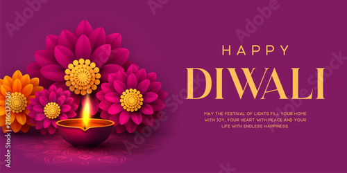 Happy Diwali festival vector banner. Purple arch frame with burning clay diya lamp, glowing string lights and paper cut style flowers. Festival of lights template.
