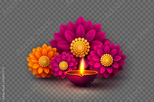 Vector realistic burning oil diya lamp with magenta and orange flowers for Happy Diwali festival. Indian celebration design element isolated on transparent background for greeting card or poster.