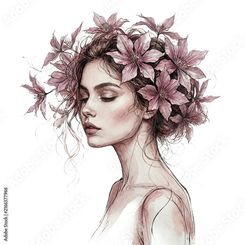 Woman profile portrait featuring a sensual face with closed eyes and floral hair isolated on a transparent background