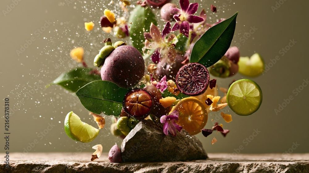 Obraz premium An ingredient explosion composition featuring mangosteen, tropical flowers, lush leaves, water droplets, citrus slices, and exotic fruit pieces suspended in mid-air above natural stone