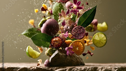 An ingredient explosion composition featuring mangosteen, tropical flowers, lush leaves, water droplets, citrus slices, and exotic fruit pieces suspended in mid-air above natural stone